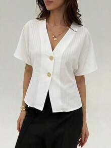 Camisa blanca sólida con mangas de murciélago, doble botonadura y frente abierto elegante - Blanco 3 - Ver 4