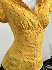 Camisa de mujer con cuello en V, cintura fruncida y manga corta, color blanco, para primavera/verano - Amarillo - Ver 4