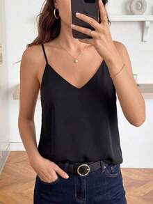 Top de camiseta sin mangas de color negro unicolor, uso casual de negocios, camiseta de otoño - Negro 4 - Ver 9