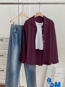 Camisa casual de manga larga, de un solo pecho, de unicolor y holgada para mujer - Morado - Ver 6