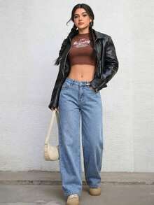 ICON Solid Color Wide Leg Pocket Jeans, Casual And Versatile - 輕柔的洗滌 - 查看 3
