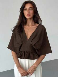 Blusa de manga de murciélago de unicolor elegante para mujer, de verano - Café integral - Ver 1