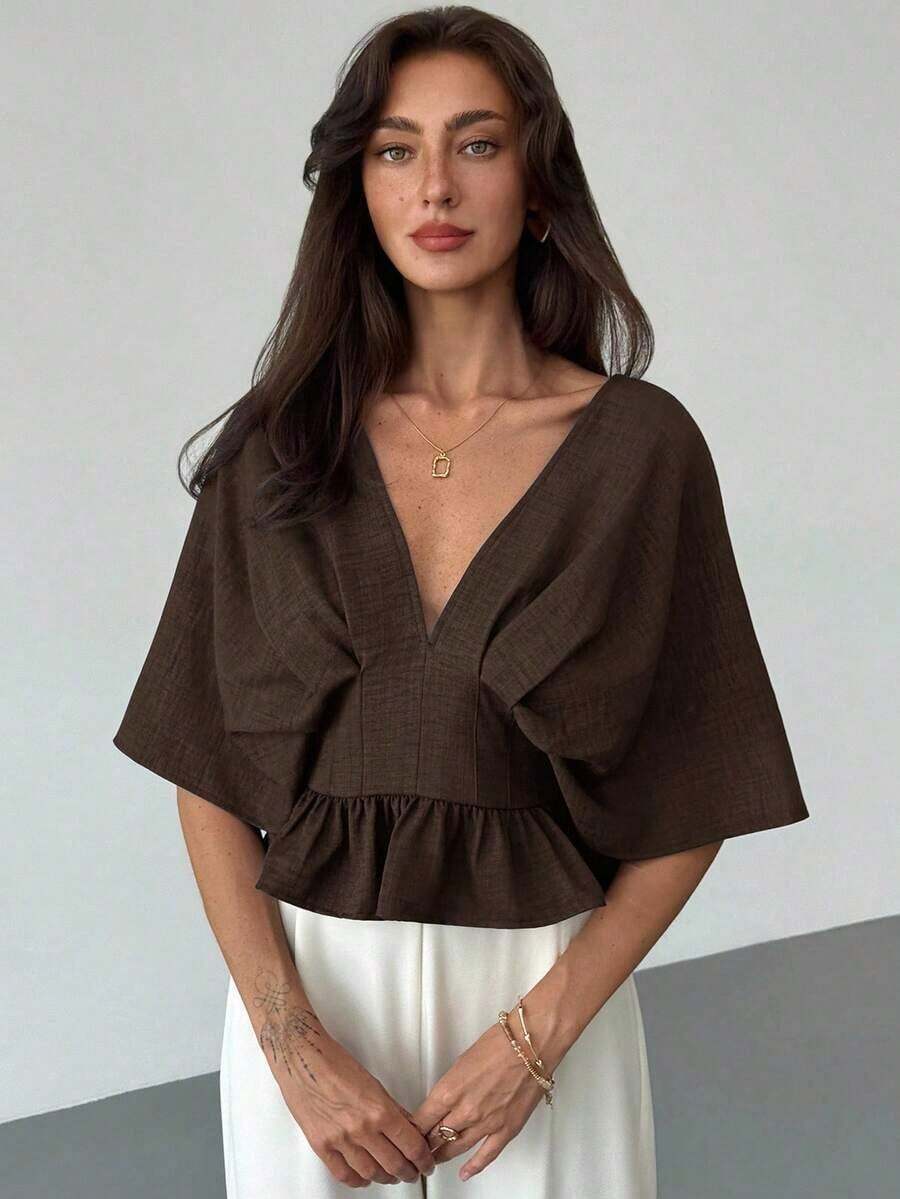 Blusa de manga de murciélago de unicolor elegante para mujer, de verano - Café integral - Ver 1