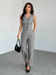 PETITE Conjunto de chaleco sin mangas de frente abierto y pantalones holgados para otoño/invierno - Gris Claro - Ver 1