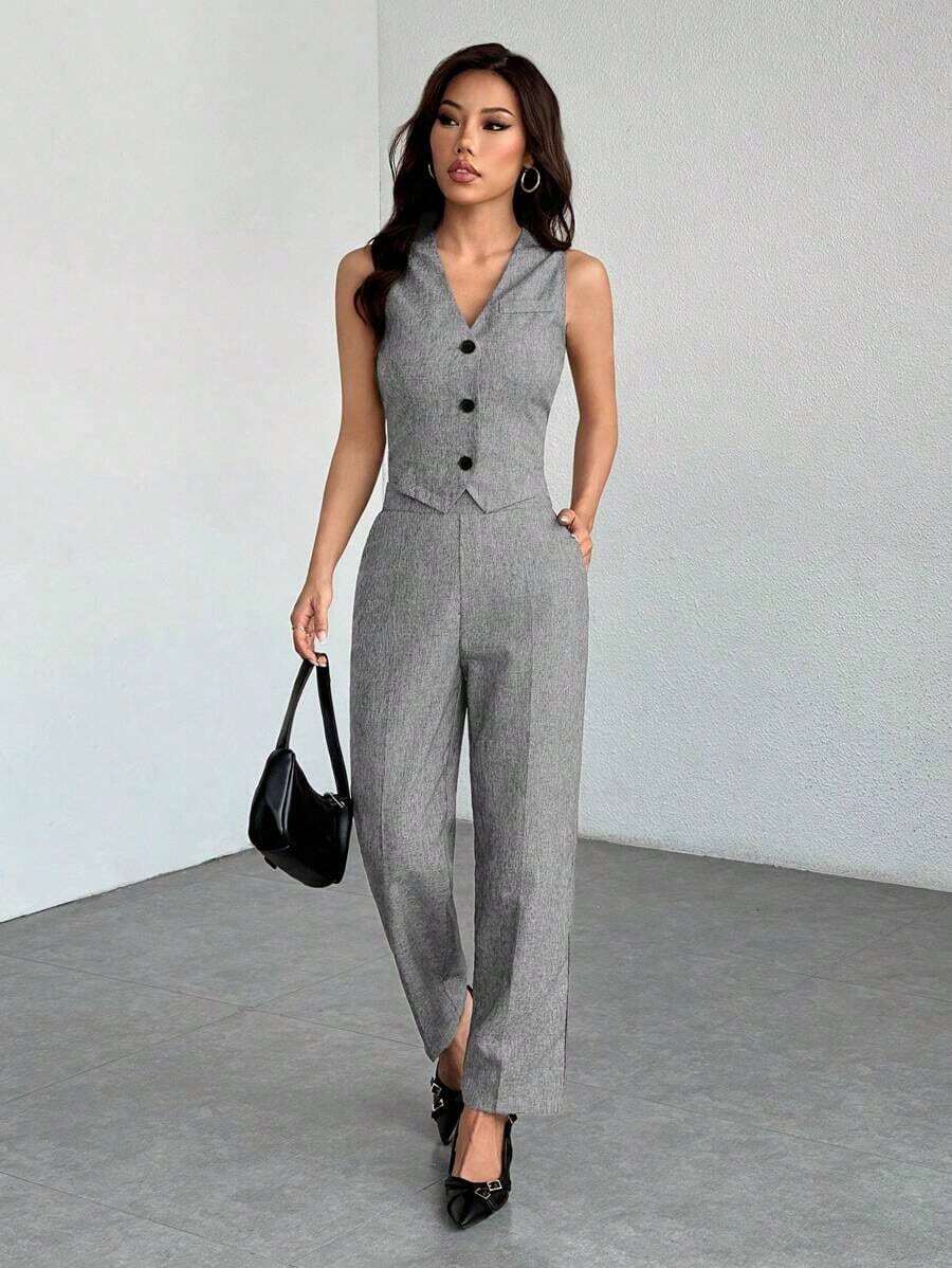 PETITE Conjunto de chaleco sin mangas de frente abierto y pantalones holgados para otoño/invierno - Gris Claro - Ver 1