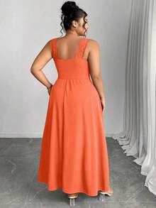 Elenzya Vestido línea A con cuello en V, contraste de encaje, tirantes finos y abertura para tallas grandes - Naranja - Ver 2