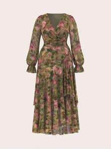 Reflora Nuevo vestido largo de mujer de talla grande con estampado floral, volantes en el bajo, cintura ceñida y alta elasticidad, vestido de otoño, vestido con volantes, vestido floral - Multicolor 2 - Ver 3