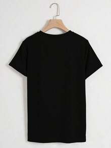 Camiseta de mujer con cuello redondo, estampado de leopardo y patrón de letras "WIFE MOM BOSS", camiseta gráfica con estampado de guepardo para mujeres - Negro - Ver 2