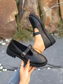 Vintage Round Toe British Style Leather Shoes For Women, T-Strap Loafers, Japanese School Style Shoes, Thick Heel Commuting Daily Comfortable Adjustable Slip-On Shoes - Black - View 2