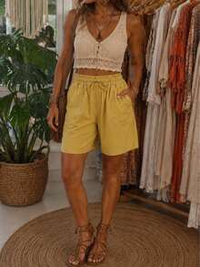 Bermuda ligera mujer short unicolor con costura de contraste, pantalón corto con cintura ajustable dama para vacaciones - Amarillo - Ver 4