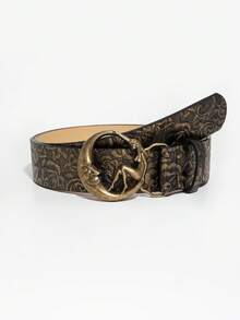 1pc Women's Retro Brown Floral Pattern PU Leather Belt With Carved Metal Buckle, Western Style Suitable For Commuting - Bronze - Human Face - View 6