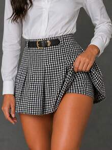 STARFASHION Women's Shorts Skirt, Round, Schoolgirl Style, Pleated, Summer, Elegant, Parties, Christmas, New Year's, /CARNIVAL/SUMMER - 黑白格子圖案 - 查看 3