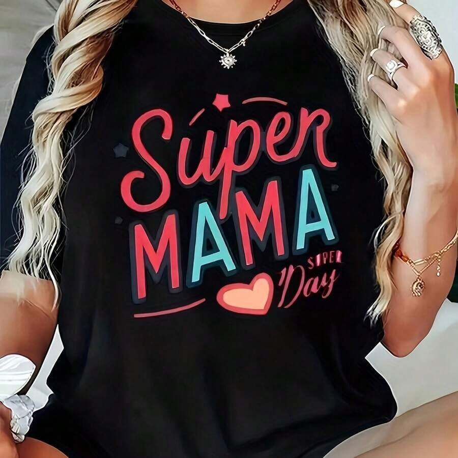 Camiseta de mujerCamiseta para Mujer Super Mama Dia de la Madre Estilo Casual con Letras Coloridas y Corazon Negro Suave y Cómodo para RegaloCómoda y ligera - Negro - Ver 1