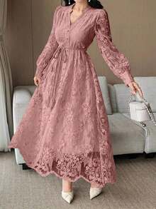 Vestido de media longitud con cinturón y cuello de encaje elegante para mujer, vestido de verano/primavera - Rosa - Ver 5