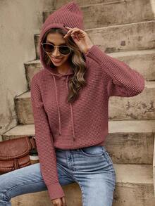 Frenchy Sudadera con capucha y cordón, hombros caídos, tejido jacquard, para damas en otoño tardío, ajuste regular, manga larga, color rosa empolvado, tops de suéter para mujer - Rosa vieja - Ver 3
