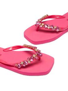 Trivaya Women Rhinestone Flat Heel Outdoor Holiday Beach Flip Flops TPR Anti-Skid Bottom Thong Sandals - Hot Pink - View 5