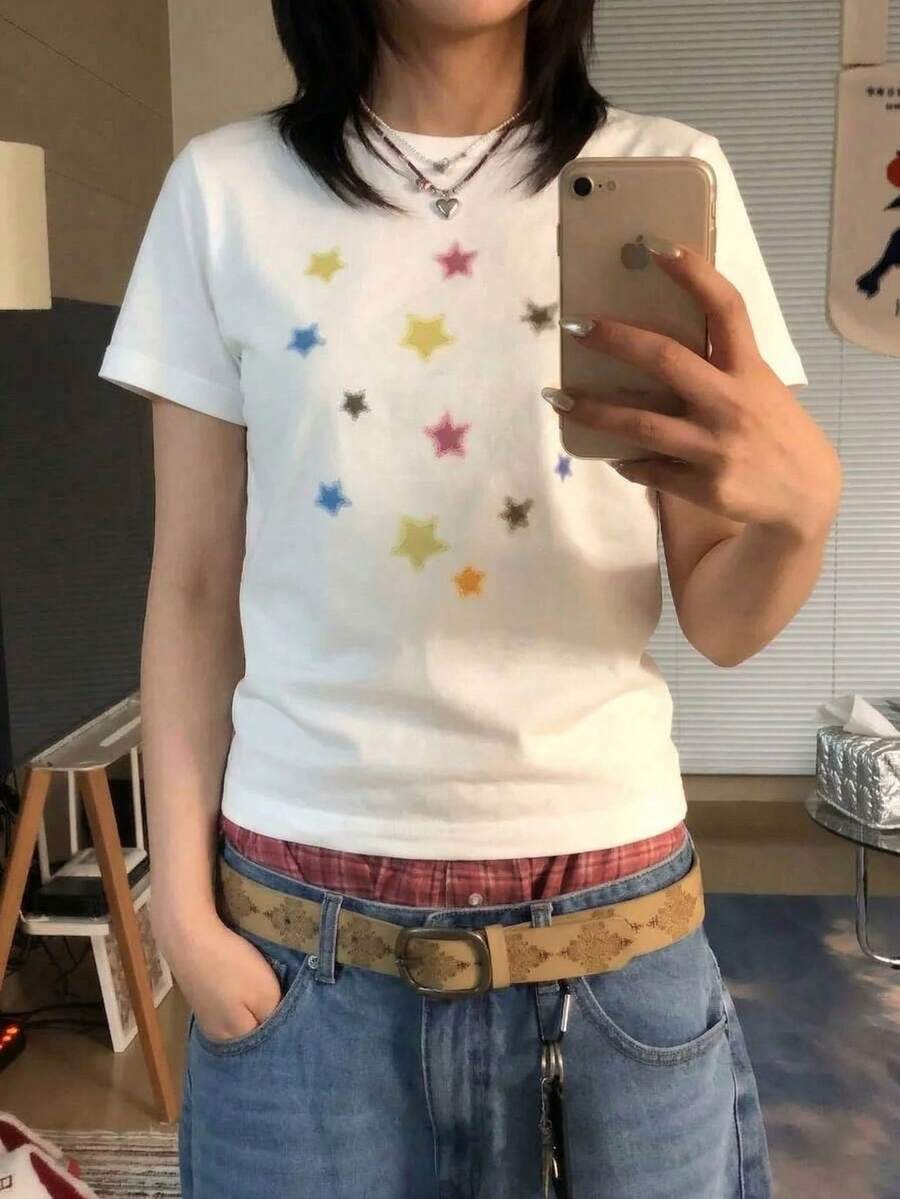 软妹风彩色星星涂鸦印花短袖T恤,白色宽松圆领ins风上衣,韩版简约夏季显瘦百搭基础休闲T恤 - 白色 - 查看 1