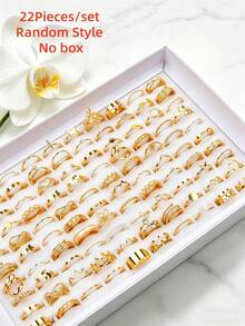 Set Cincin Isi 22 Buah dengan Desain Kupu-kupu, Hati, dan Daun Berongga, Aksesori Perhiasan Minimalis Modis yang Dapat Dipersonalisasi untuk Pesta, Pemakaian Sehari-hari, Gaya Acak - 22 cincin berlubang acak - View 1