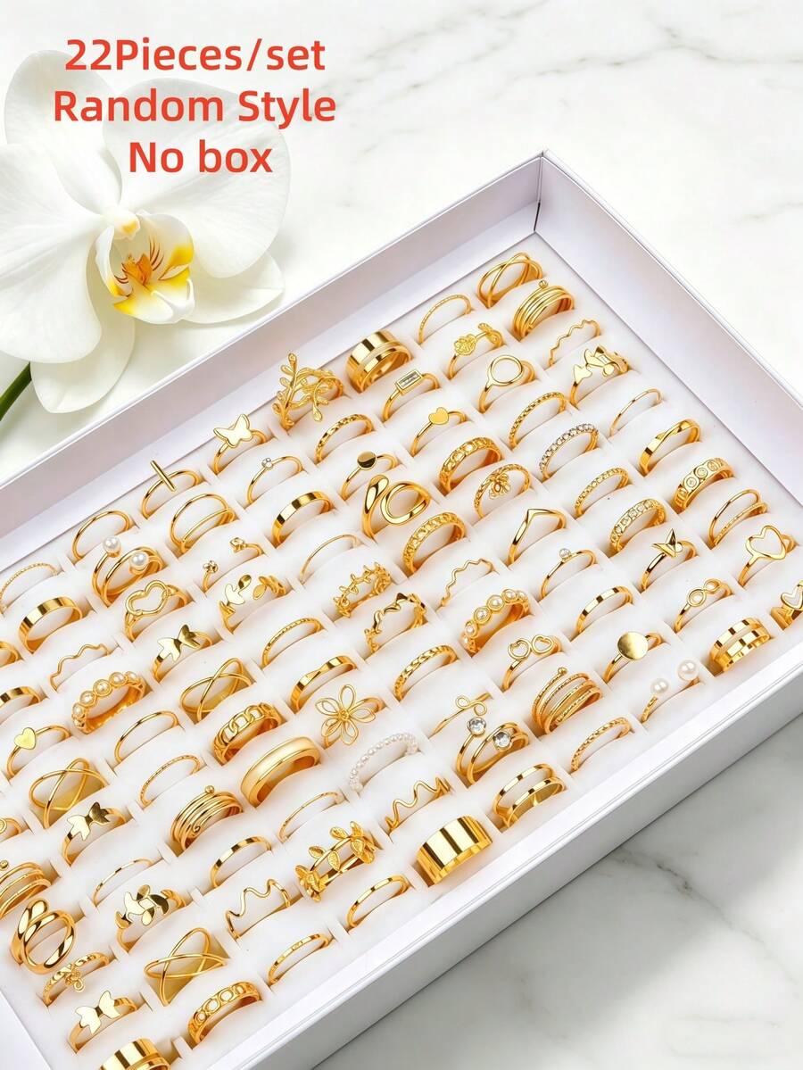 Set Cincin Isi 22 Buah dengan Desain Kupu-kupu, Hati, dan Daun Berongga, Aksesori Perhiasan Minimalis Modis yang Dapat Dipersonalisasi untuk Pesta, Pemakaian Sehari-hari, Gaya Acak - 22 cincin berlubang acak - View 1