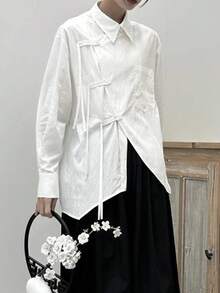 Áo sơ mi nữ size lớn phong cách Trung Hoa mới, dáng rộng, tay dài, bất đối xứng, thanh lịch thường ngày, màu trơn, cài nút, bất đối xứng/bất đối xứng, màu trắng, dùng cho hằng ngày và hẹn hò - trắng - Xem 3