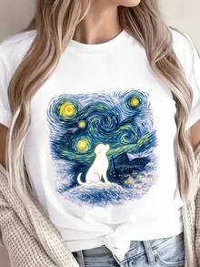 T-Shirt With A Van Gogh-Inspired Cat Design On A Starry Night. 220g Pure Unisex Cotton. Ideal Weight For All Seasons, Suitable For Both Men And Women. Durable, High-Quality Fabric That Is Soft To The Touch And Long-Lasting. Breathable Top. Perfect For Women In Spring And Summer, Holidays, Mother's Day, And Independence Day. - 白色 - 查看 1