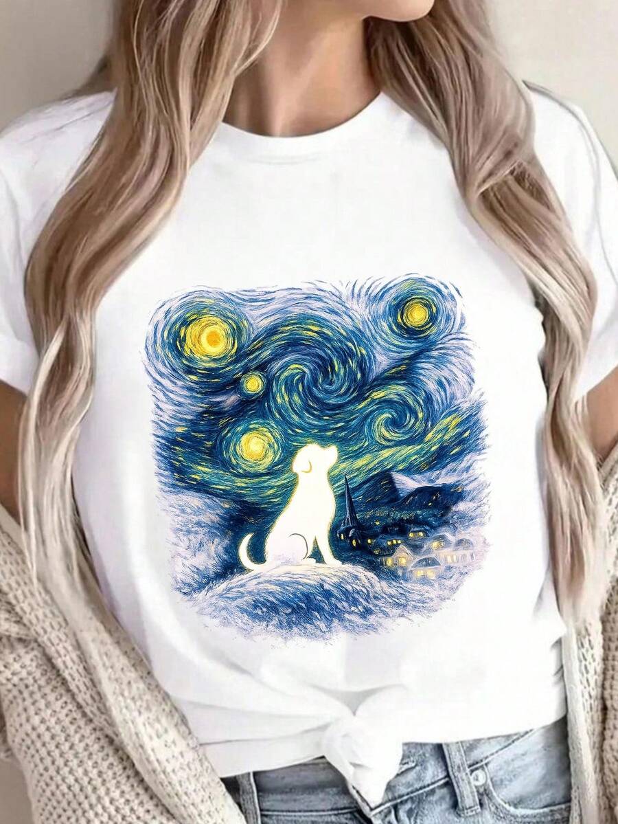 T-Shirt With A Van Gogh-Inspired Cat Design On A Starry Night. 220g Pure Unisex Cotton. Ideal Weight For All Seasons, Suitable For Both Men And Women. Durable, High-Quality Fabric That Is Soft To The Touch And Long-Lasting. Breathable Top. Perfect For Women In Spring And Summer, Holidays, Mother's Day, And Independence Day. - 白色 - 查看 1