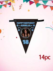 Bandeirola de aniversário personalizada com foto e texto, bandeirinha triangular personalizada com nome e idade, decoração para festa de aniversário de 18/21/30 anos, bandeirinha triangular preta com estrelas brilhantes, decoração para festa de aniversário. - Multicolorido - Ver 17