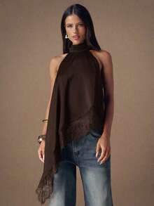 Top de satén con parches de encaje elegante sin espalda, blusa sexy de cuello halter sin mangas para fiestas, cócteles, ocasiones formales, Navidad y casual de negocios - Negro - Ver 9