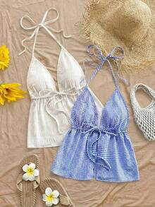 2 piezas Camiseta sin espalda con escote en V y tirantes con estampado de leopardo sexy, adecuada para vacaciones, citas, té de la tarde, vacaciones, festivales de música, estilo bohemio - Azul y blanco - Ver 5