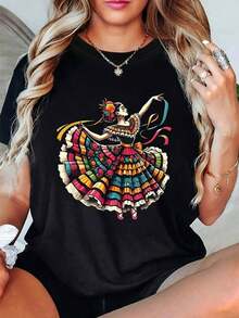 Women's Short Sleeve Crew Neck T-Shirt, Retro Mexican Mariachi Dancer Style, Summer Casual, Lightweight And Breathable - 黑色 - 查看 6