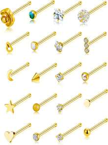 20 Pcs Fashion Gold Plated Stainless Steel Rose Heart Star Moon Nose Stud Set For Women Piercing Accessory - Straight - View 2
