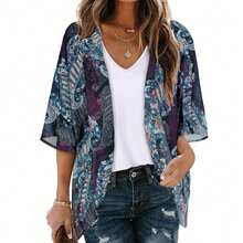 Plus Size Women Comfortable Casual Vacation Loose Digital Print Lightweight Summer Bohemian Style Top Spring - Blue - View 1