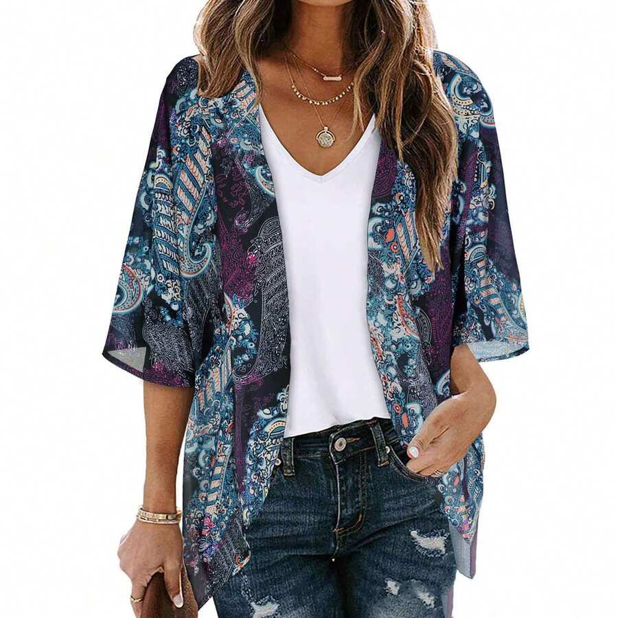 Plus Size Women Comfortable Casual Vacation Loose Digital Print Lightweight Summer Bohemian Style Top Spring - Blue - View 1