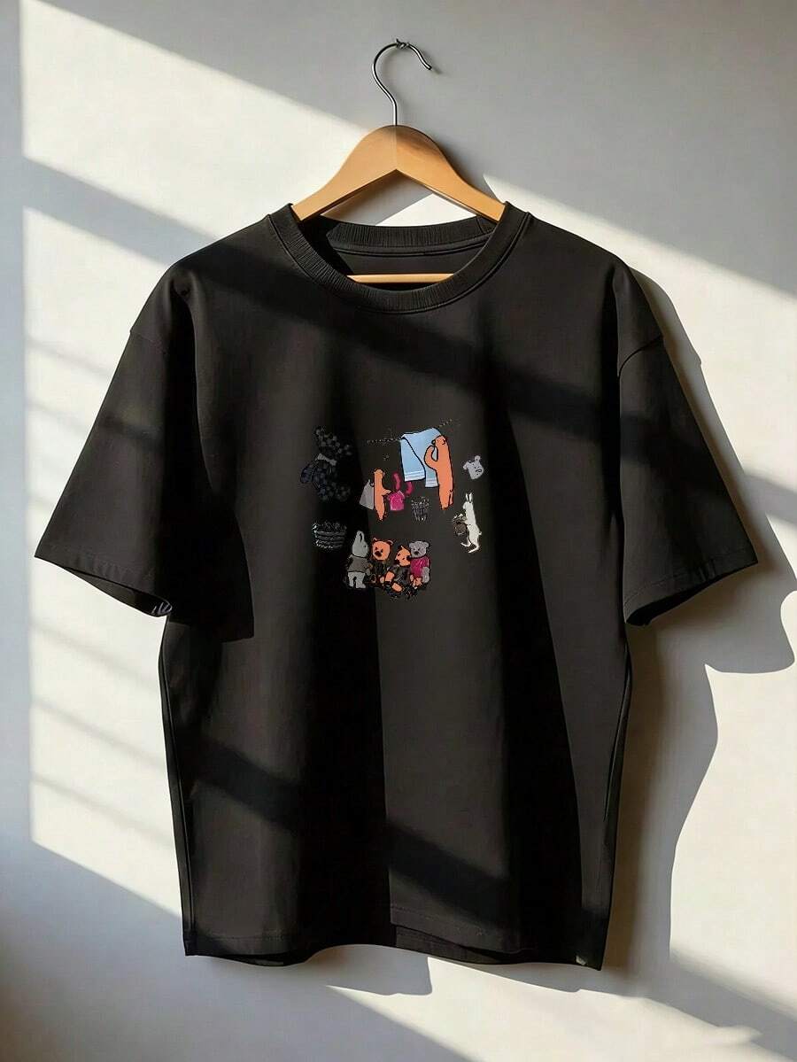 Cute And Childlike Short-Sleeve T-Shirt, Fashionable Short-Sleeve T-Shirt For Spring And Summer 2026, Made In Mexico, 180 Grams. Cartoon Print, Couple Design, Suitable For Indoor Or Outdoor Wear. Crew Neck, Unisex, Ideal For Office And Leisure. One-Pack. - BK-P631577SLNDXZGY491 - 查看 1
