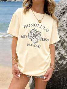 1pc Break The System Women's Hawaiian Style Short Sleeve T-Shirt, Made Of Sheer Loose Fabric, Honolulu Hibiscus Flower Print, Breathable, Casual, For Summer Beach Vacation, Outdoor Wear, Letter Pattern, Suitable For Adult Women, Round Neck Loose Fit Short Sleeve T-Shirt For Summer Beach, 100% Cotton. - 杏色 - 查看 6