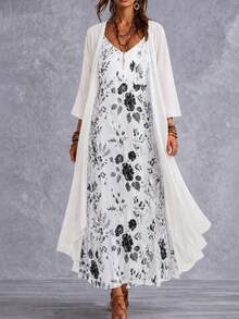 Spring/Summer Plus Size Women's Elegant Floral Print Spaghetti Strap V-Neck Dress With 3/4 Sleeve Sheer Cardigan Two Pieces Set Vacation White - White - View 1