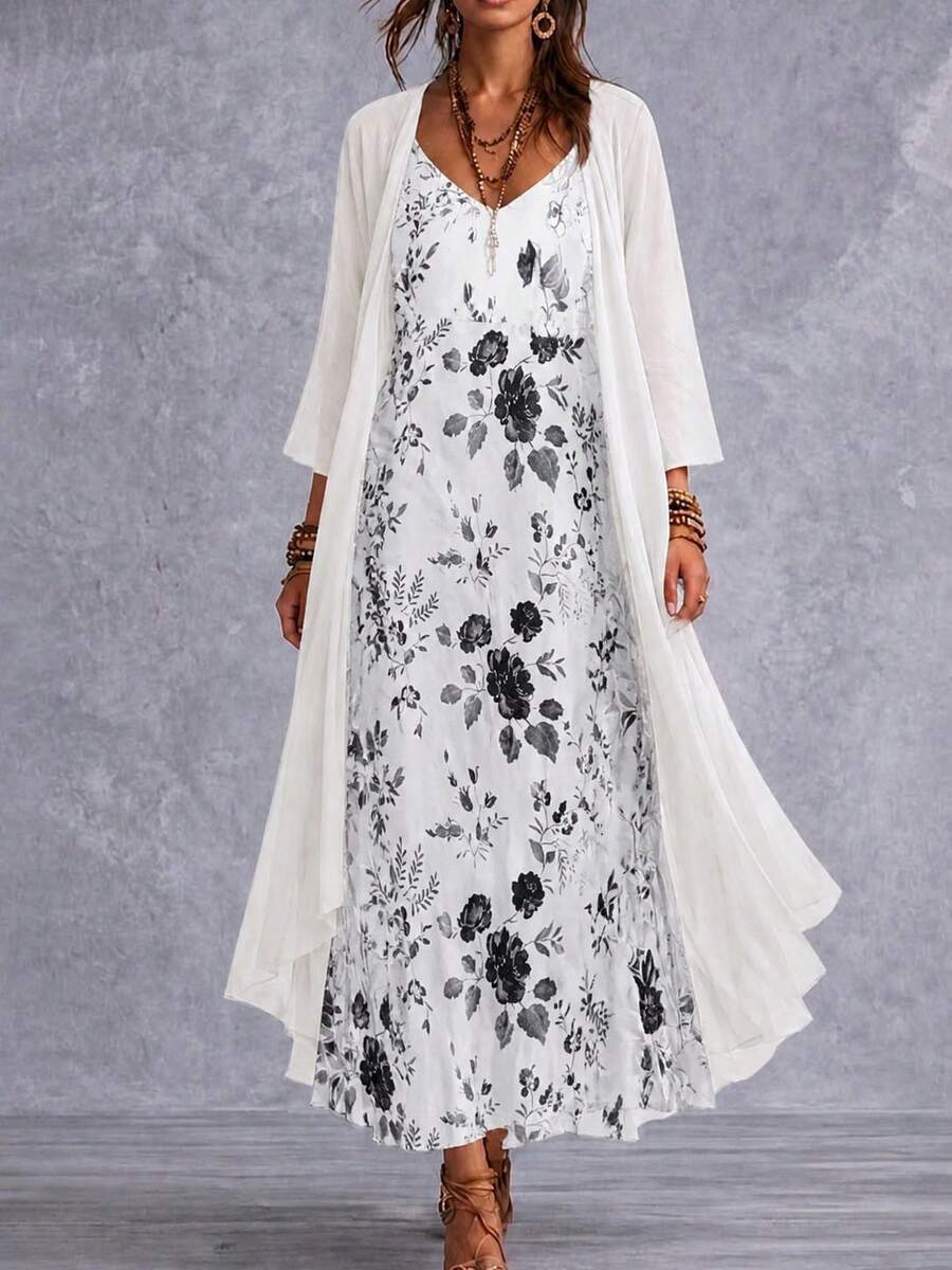 Spring/Summer Plus Size Women's Elegant Floral Print Spaghetti Strap V-Neck Dress With 3/4 Sleeve Sheer Cardigan Two Pieces Set Vacation White - White - View 1