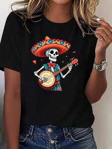 Women's T-shirt Camiseta Ligera para Mujer con Diseño Mexicano del Día de Muertos - Top de Algodón Suave con Estampado de Calavera y Banjo - Atuendo Casual para Fiesta de Halloween o Uso Diario Gótico - Transpirable y Cómoda para Uso Diario - 100% algodón, la elección más vendida Gothic style - Negro - Ver 6