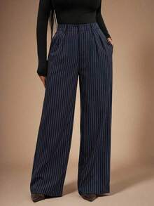 Pantalones de traje azul marino a rayas de estilo minimalista y moderno para mujer, pantalones de cintura alta, pantalones azules, pantalones a rayas, pantalones anchos de pierna ancha, pantalones casuales, pantalones de negocios, adecuados para salidas casuales, negocios, oficina, viajes y ocasiones formales - Azul - Ver 2