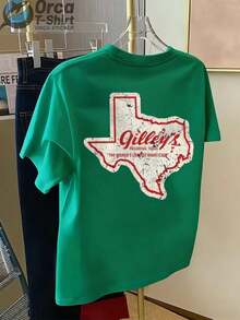 Camiseta de manga corta de estilo casual vintage, con estampado en la parte delantera y trasera, que presenta un mapa de Texas y el diseño de la palabra "Gilley's", adecuada para el uso diario en verano, ideal como regalo para parejas y amigos. - Verde - Ver 3