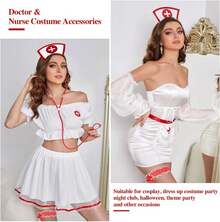 Set de accesorios para disfraz de enfermera (Halloween) - Incluye diadema, estetoscopio, medias, jeringa de simulación, liguero y asistente médico - Ideal para trabajo, disfraces, fiestas temáticas y carnaval. - Blanco - Ver 6