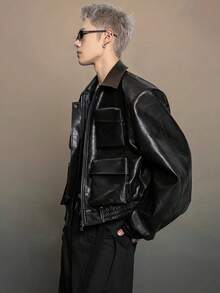 Stylish Men's Short Faux Leather Jacket With Ample Pockets. - Black - View 4