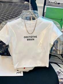 Custom Crew Neck Short Sleeve T-Shirt Slim Fit Top, New Summer Item, Sexy Girl, Slim Fit Flattering Crop Top, Short Sleeve Printed T-Shirt Ab Revealing Summer Versatile Casual White-Vintage Street Style Loose Cotton Short Sleeve Crew Neck T-Shirt - 白色 - 查看 5