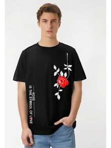Rose Print Tee Shirt, Tees For Men, Casual Short Sleeve T-Shirt For Summer - 黑色 - 查看 1