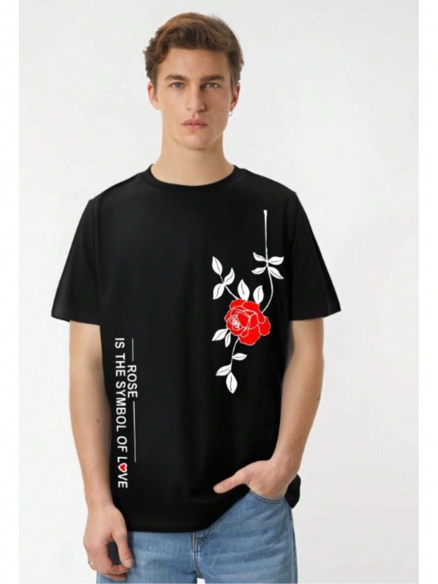Rose Print Tee Shirt, Tees For Men, Casual Short Sleeve T-Shirt For Summer - 黑色 - 查看 1