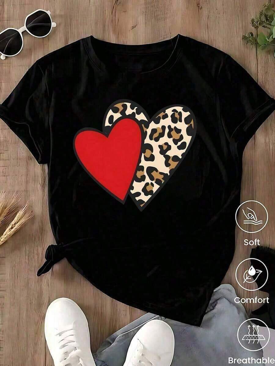 Playera Blanca de Mujer con Gráfico de Corazón de Leopardo y Letras LOVE, Camiseta de Estilo Boho Retro Aesthetic Manga Corta, Top Romántico Moderno, Blusa Casual de Moda EGNC - Azul - Ver 1