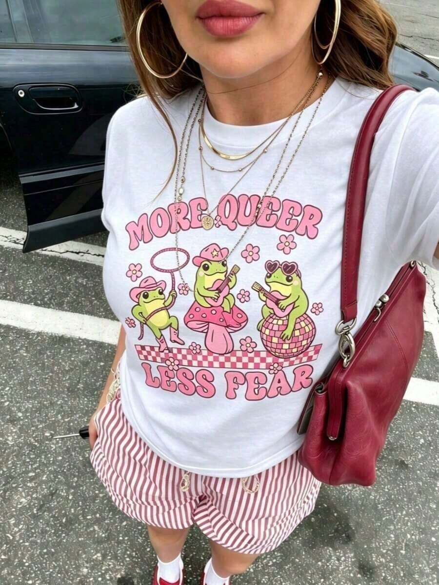 Women's Cotton T-Shirts New Version Available In The Limited Time Offer Oversized T-Shirts Funny LGBTQ Pride Shirt, Equal Rights, More Queer Less Fear Tee, Cute Frog Gay Shirt, Queer Aesthetic Tee, Gift For Lesbians, Funny Pride T-Shirt, Gay Cowboy Blouses Nice 100% Cotton - 白色的 - 查看 1