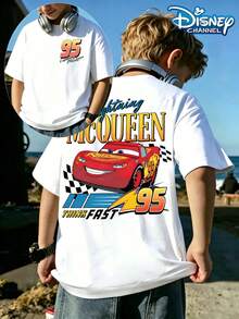 Disney Cars Lightning McQueen Think Fast 95 Printed Summer Tops, Perfect For Cool Boys. Teen Boy Gift,Boys Clothes,Comfortable And Breathable Children's Short-Sleeved T-Shirt. Suitable For Both Boys And Girls.Suitable For Daily Wear, Vacations, Outdoor Activities, And As A Children's Gift. - trắng - Xem 1