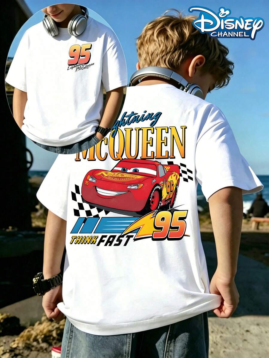 Disney Cars Lightning McQueen Think Fast 95 Printed Summer Tops, Perfect For Cool Boys. Teen Boy Gift,Boys Clothes,Comfortable And Breathable Children's Short-Sleeved T-Shirt. Suitable For Both Boys And Girls.Suitable For Daily Wear, Vacations, Outdoor Activities, And As A Children's Gift. - trắng - Xem 1