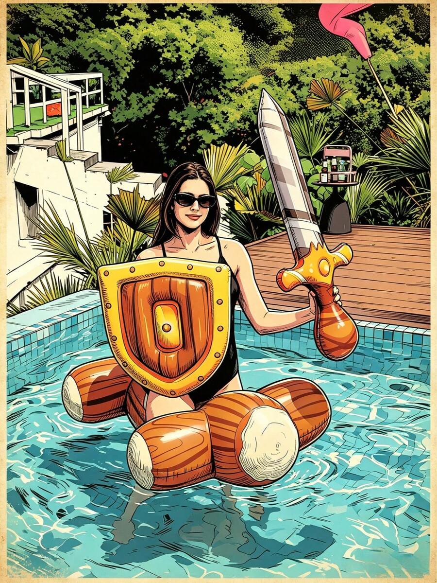 1 Set Thick PVC Wood Grain Warrior Inflatable Swimming Pool Battle Pole Set, Includes Shield And Sword, Outdoor Pool Pond Beach Party Game Floating Raft For Adults, Summer - New Model - View 1
